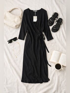 Everlane Ribbed Wrap Midi Dress Black M NWT Minimalist Belted